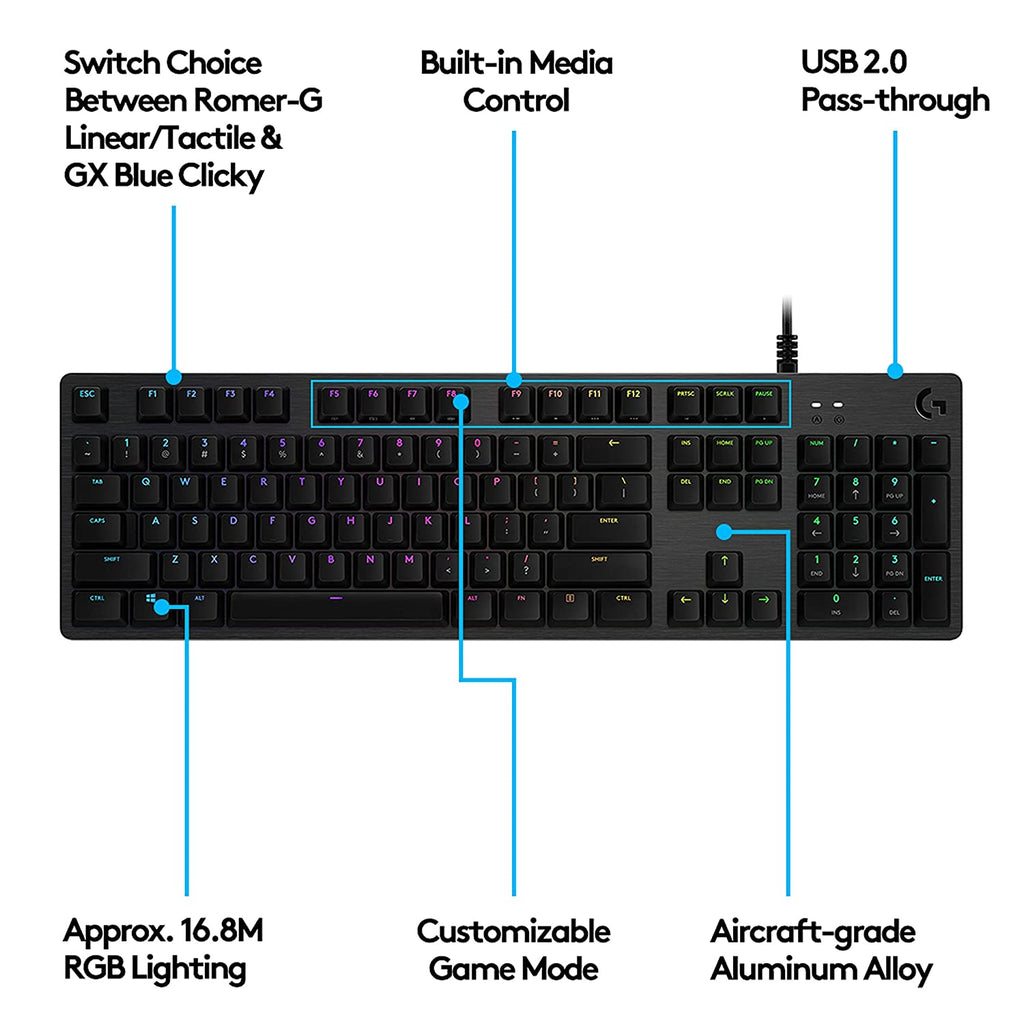 Logitech G512 Mechanical Wired Gaming Keyboard with GX Blue Clicky Switch USB Passthrough and Lightsync RGB