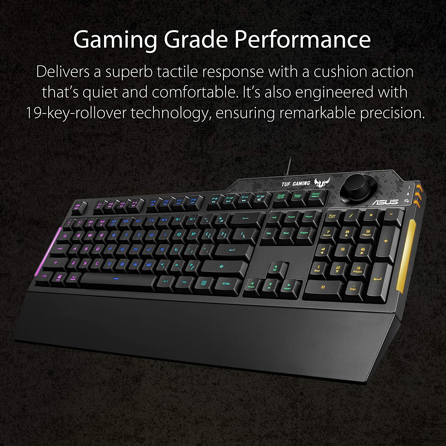 ASUS TUF K1 Gaming RGB Spill-Resistant Keyboard with Dedicated Volume Knob and Detachable Wrist Rest