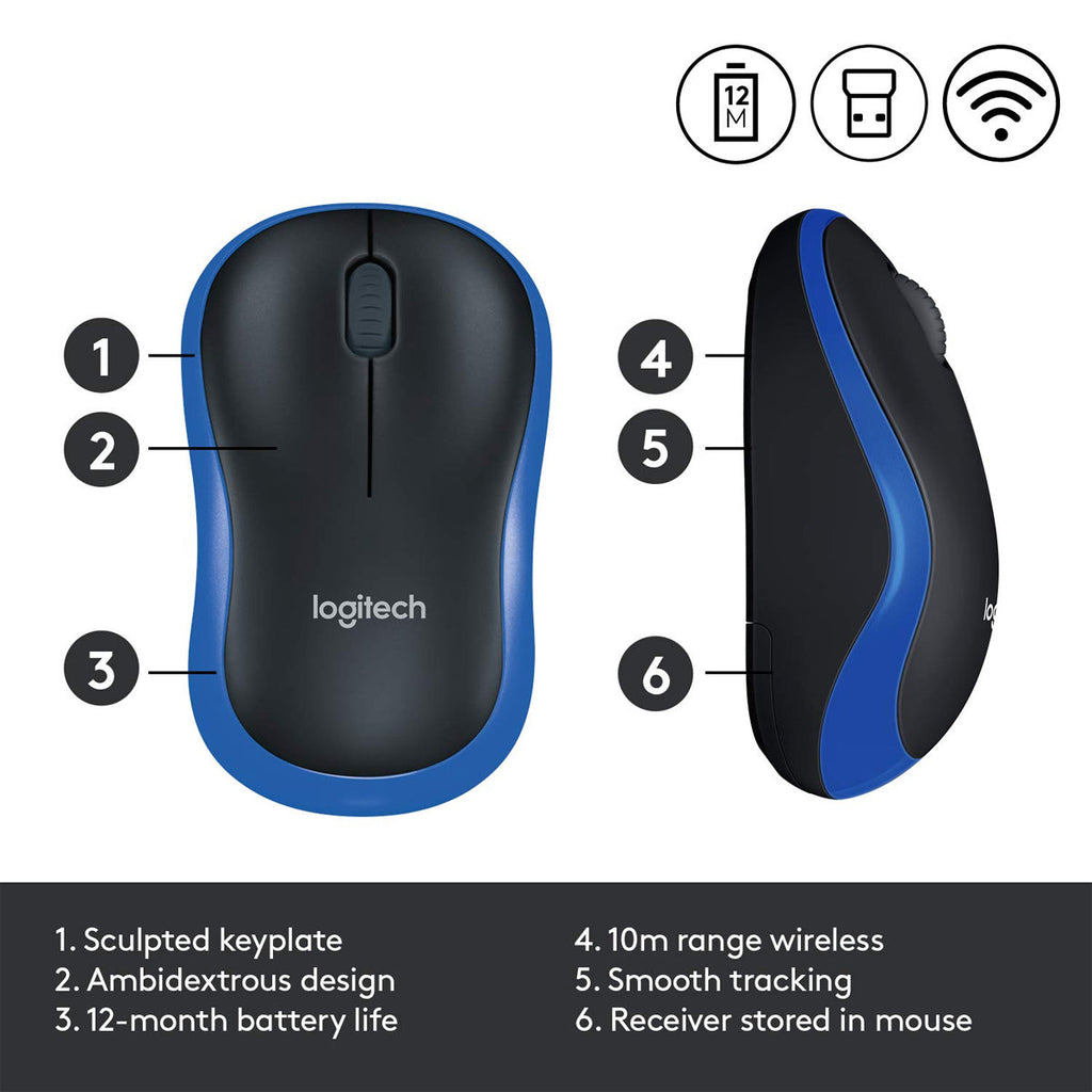 Logitech M185 1000DPI 2.4Ghz Wireless Optical Mouse with 12 Month Battery Life