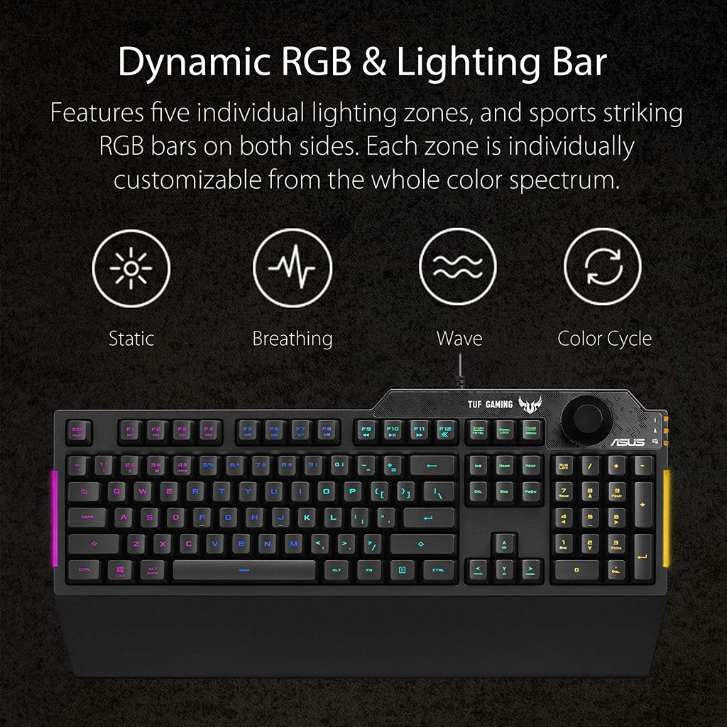 ASUS TUF K1 Gaming RGB Spill-Resistant Keyboard with Dedicated Volume Knob and Detachable Wrist Rest