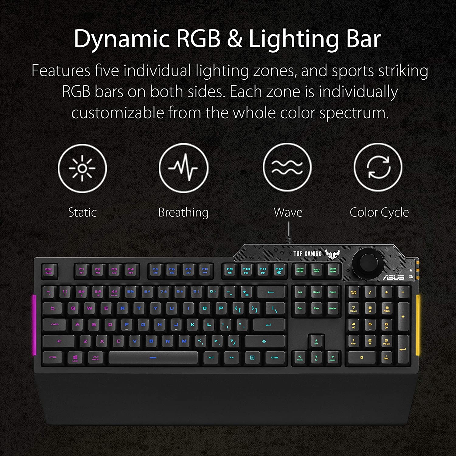 ASUS TUF K1 Gaming RGB Spill-Resistant Keyboard with Dedicated Volume Knob and Detachable Wrist Rest