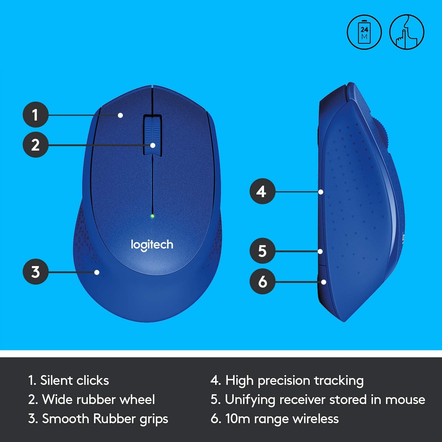 Logitech M331 Silent Plus Wireless Optical Mouse Blue with 1000DPI and 2.4 GHz Technology