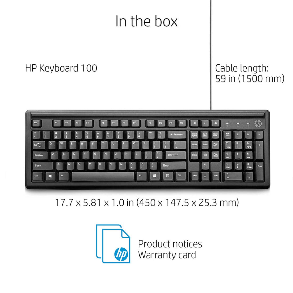 HP 100 Wired USB Desktop Keyboard with Height Adjustment