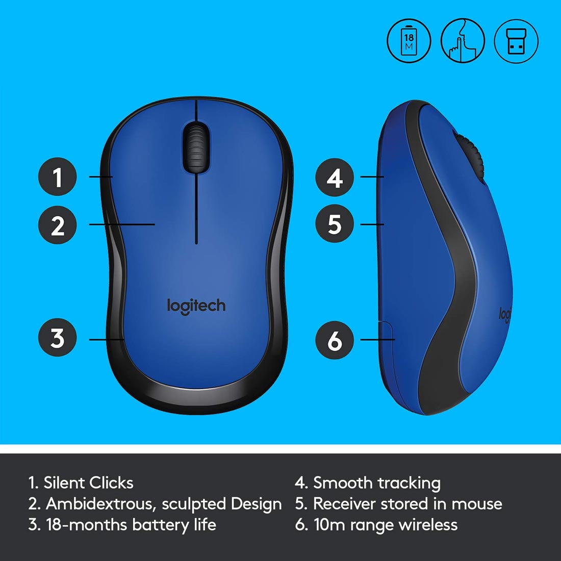 Logitech M221 Silent Wireless Optical Blue Mouse with 1000DPI and 2.4 GHz Technology