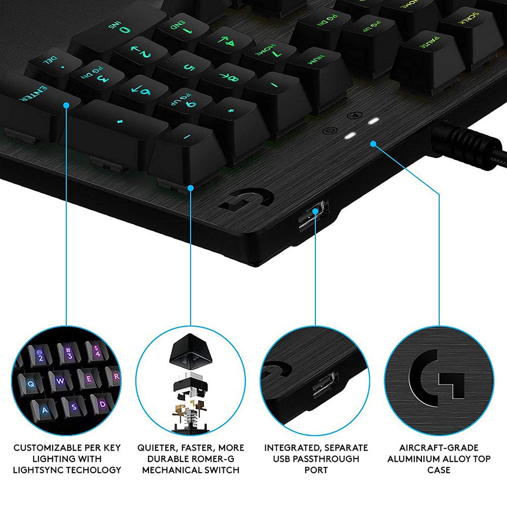 Logitech G512 Mechanical Wired Gaming Keyboard with GX Blue Clicky Switch USB Passthrough and Lightsync RGB