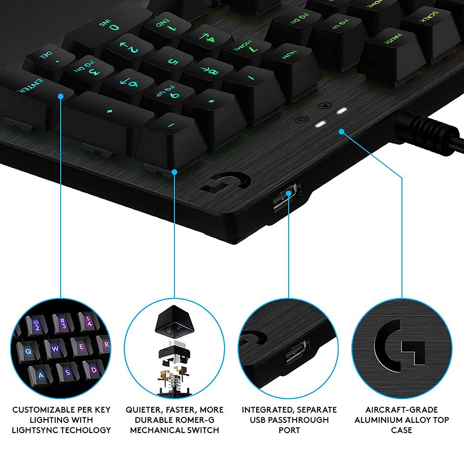Logitech G512 Mechanical Wired Gaming Keyboard with GX Blue Clicky Switch USB Passthrough and Lightsync RGB