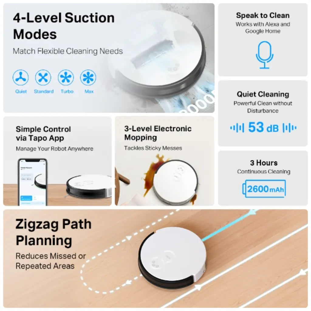 TP-Link Tapo RV10 Robot Vacuum & Mop Combo  2000Pa Suction, Zigzag Path Planning App & Voice Control 3-Hour Battery-tpstech.in