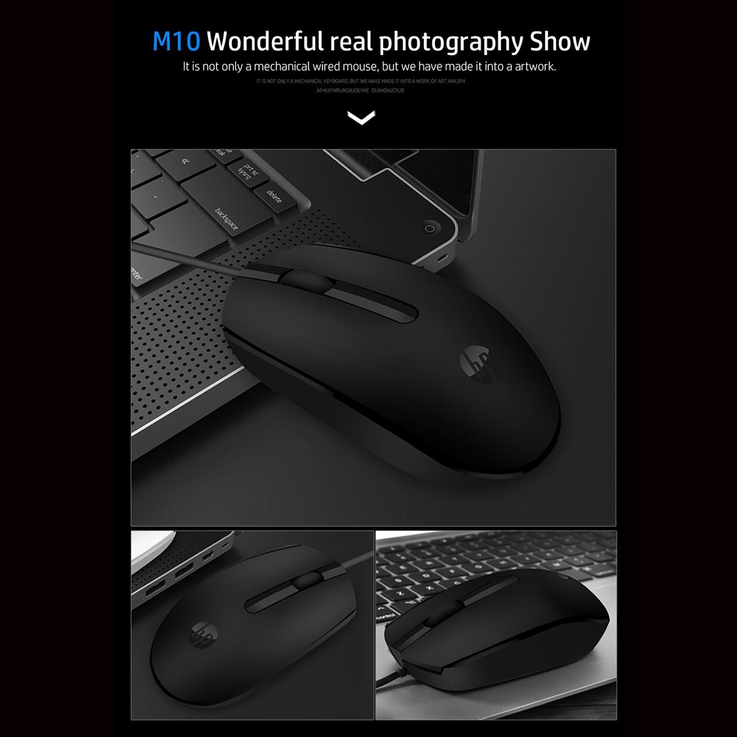 [RePacked] HP M10 Wired USB Optical Ergonomic Mouse with 3 Buttons and 1000DPI
