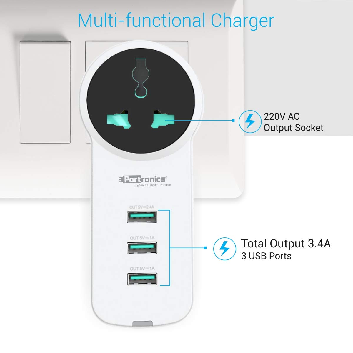 Portronics UniPower POR-077 Intelligent Portable Universal Charging Hub Station With 3. USB ports and 1 AC Socket