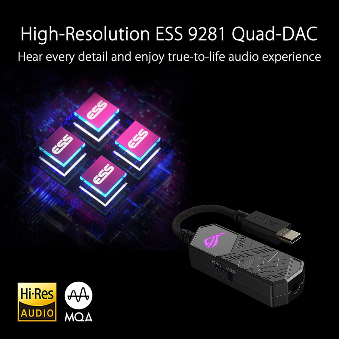 ASUS ROG Clavis USB-C to 3.5 mm Gaming DAC with AI Noise-Canceling Mic and MQA Rendering