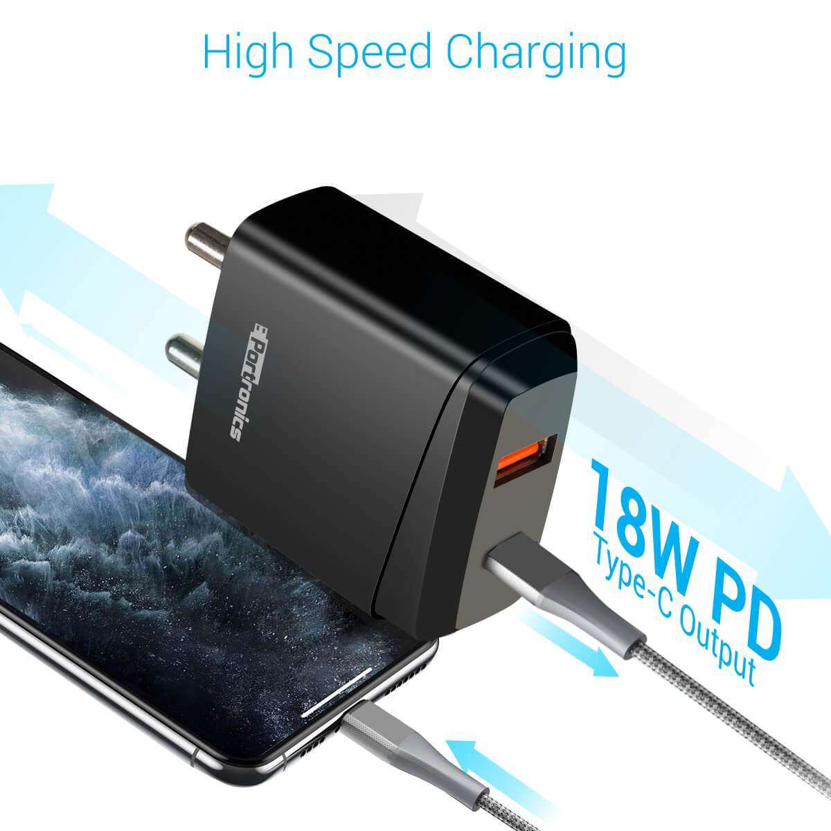 Portronics Adaptor 22 USB Wall Adapter with Quick Charging USB Port and USB-C Port
