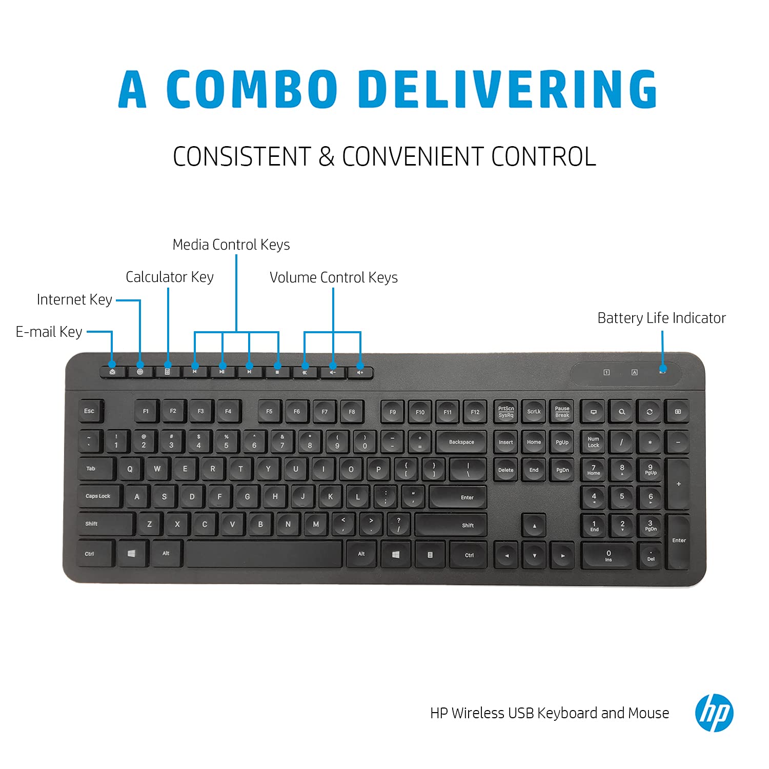 HP 1F0C9PA Wireless Full-size Keyboard and Optical Mouse Combo with Spill Resistant Design