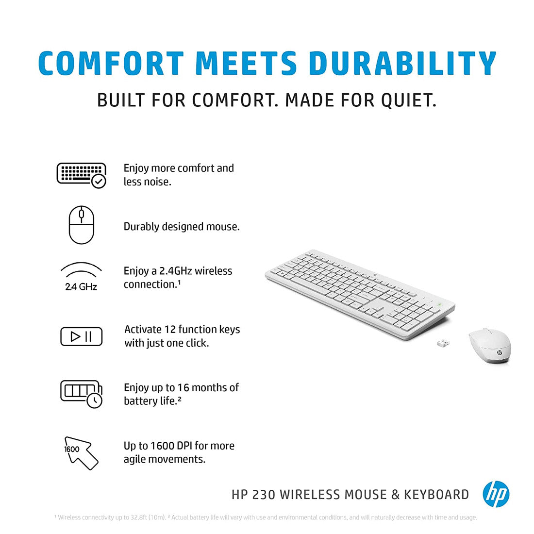 HP 230 Wireless Keyboard and 1600DPI Optical Mouse Ultra Slim Combo - White