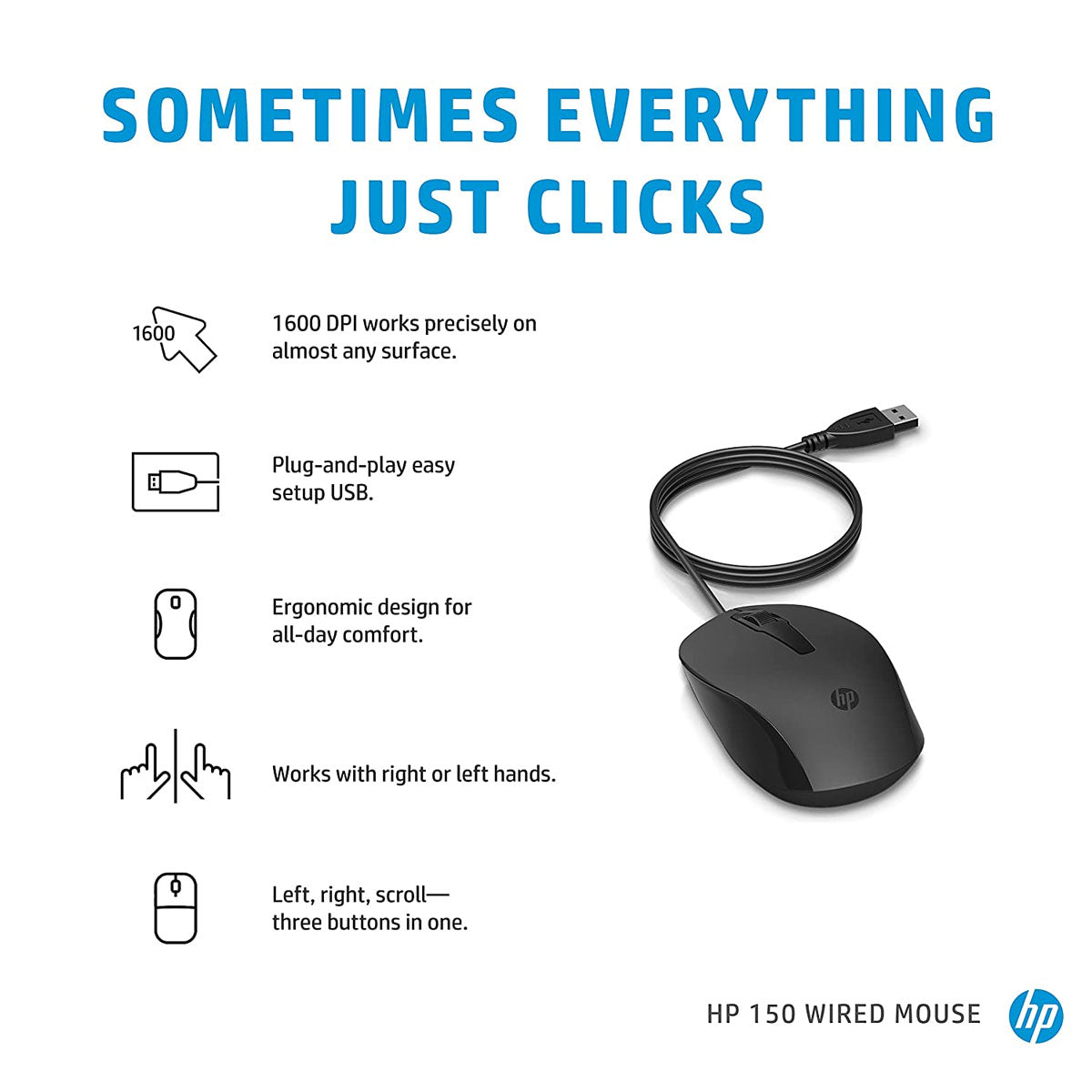 HP 240J6AA 150 Wired Optical Mouse with 1600 DPI and 3 Buttons