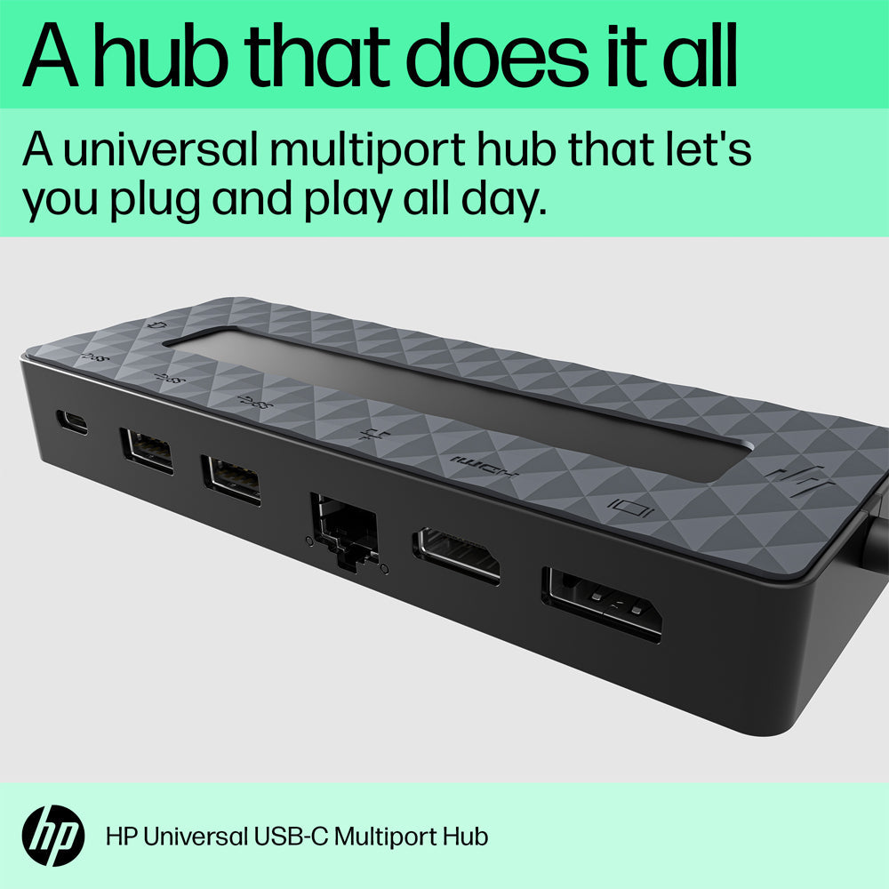 HP Universal USB-C Multiport Hub, HDMI Port, RJ45 Ethernet Port, DisplayPort 1.2 Ports, 4K Dual Outputs, USB-A, 3.2 Ports, USB-C Passthrough