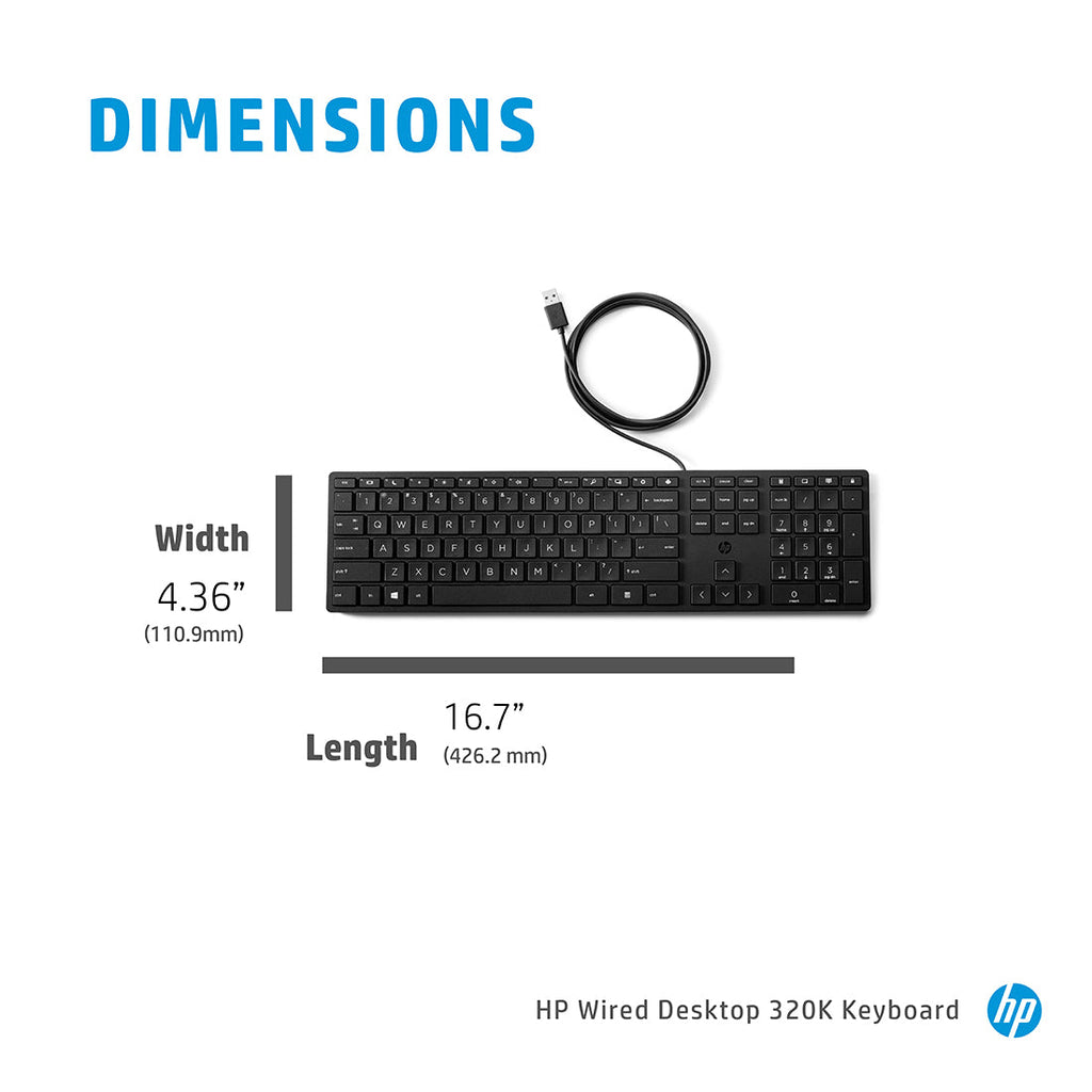 HP 320K Wired Desktop Full-Size Keyboard with Low-Profile Quiet Keys and Adjustable Height