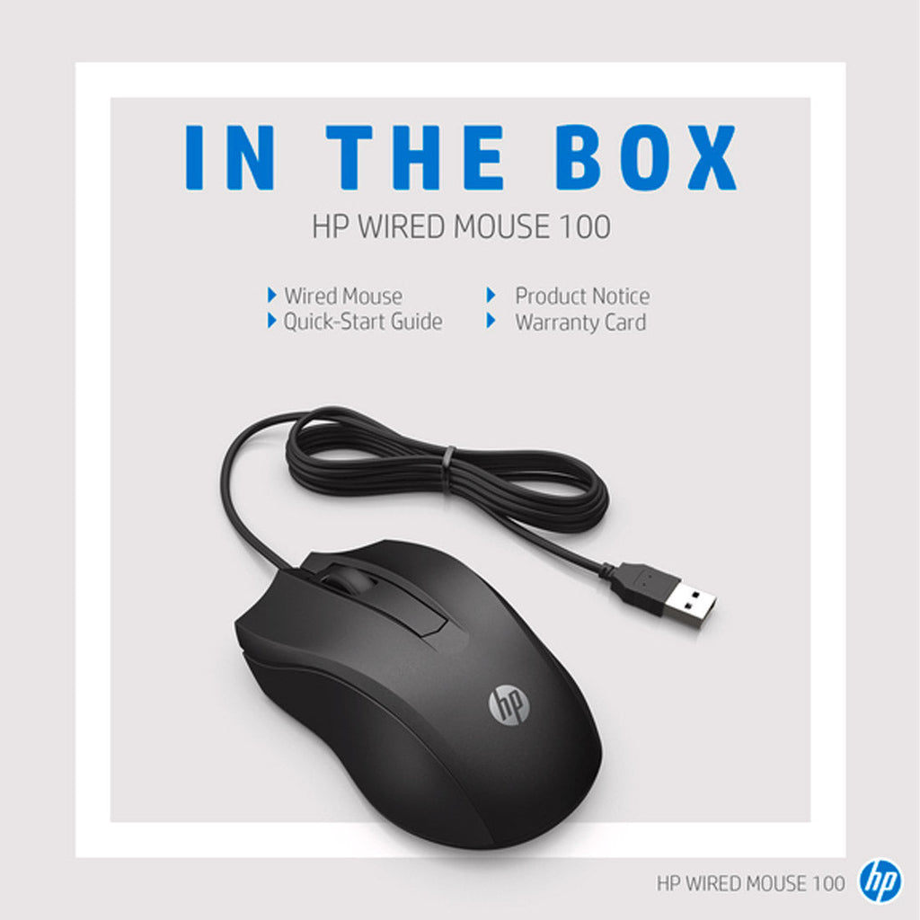 HP 100 Wired Optical Mouse with 1600DPI and Ambidextrous Design