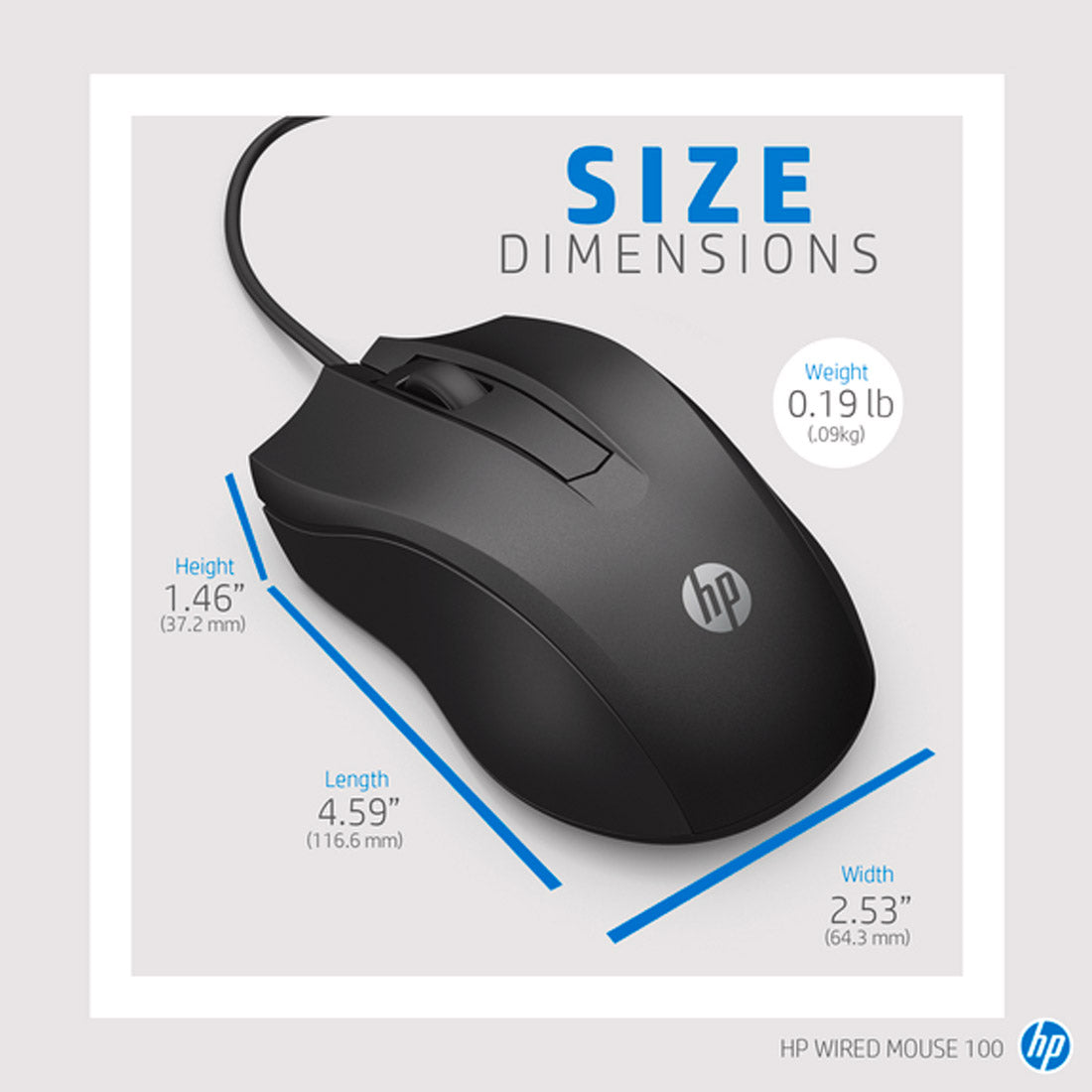 HP 100 Wired Optical Mouse with 1600DPI and Ambidextrous Design