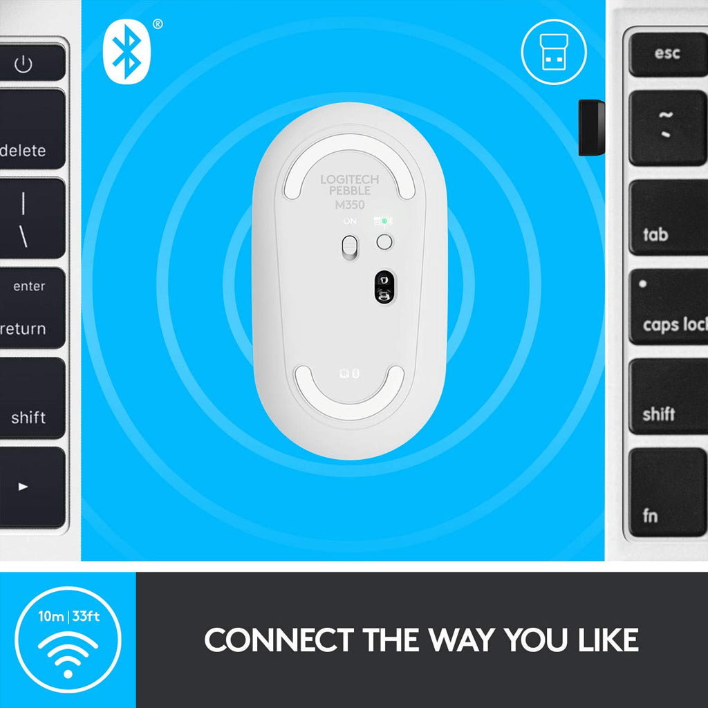 Logitech Pebble M350 Wireless Optical Silent Mouse with Dual Connectivity - White