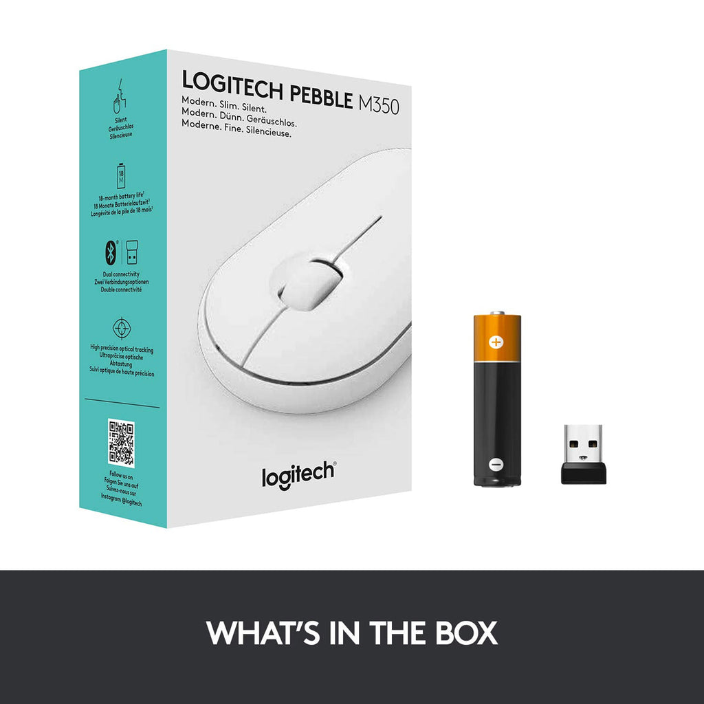Logitech Pebble M350 Wireless Optical Silent Mouse with Dual Connectivity - White