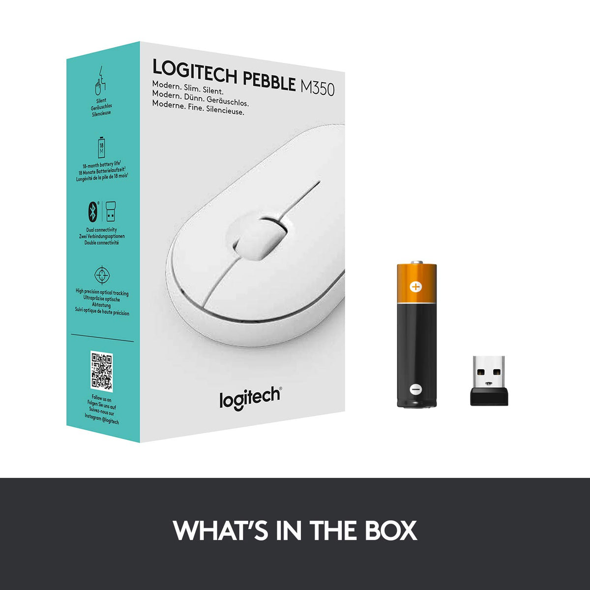 Logitech Pebble M350 Wireless Optical Silent Mouse with Dual Connectivity - White