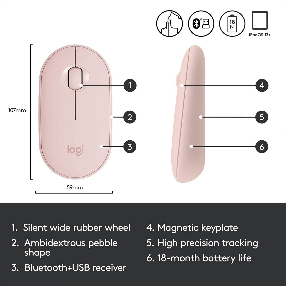 Logitech Pebble M350 Wireless Optical Silent Mouse with Dual Connectivity - Rose