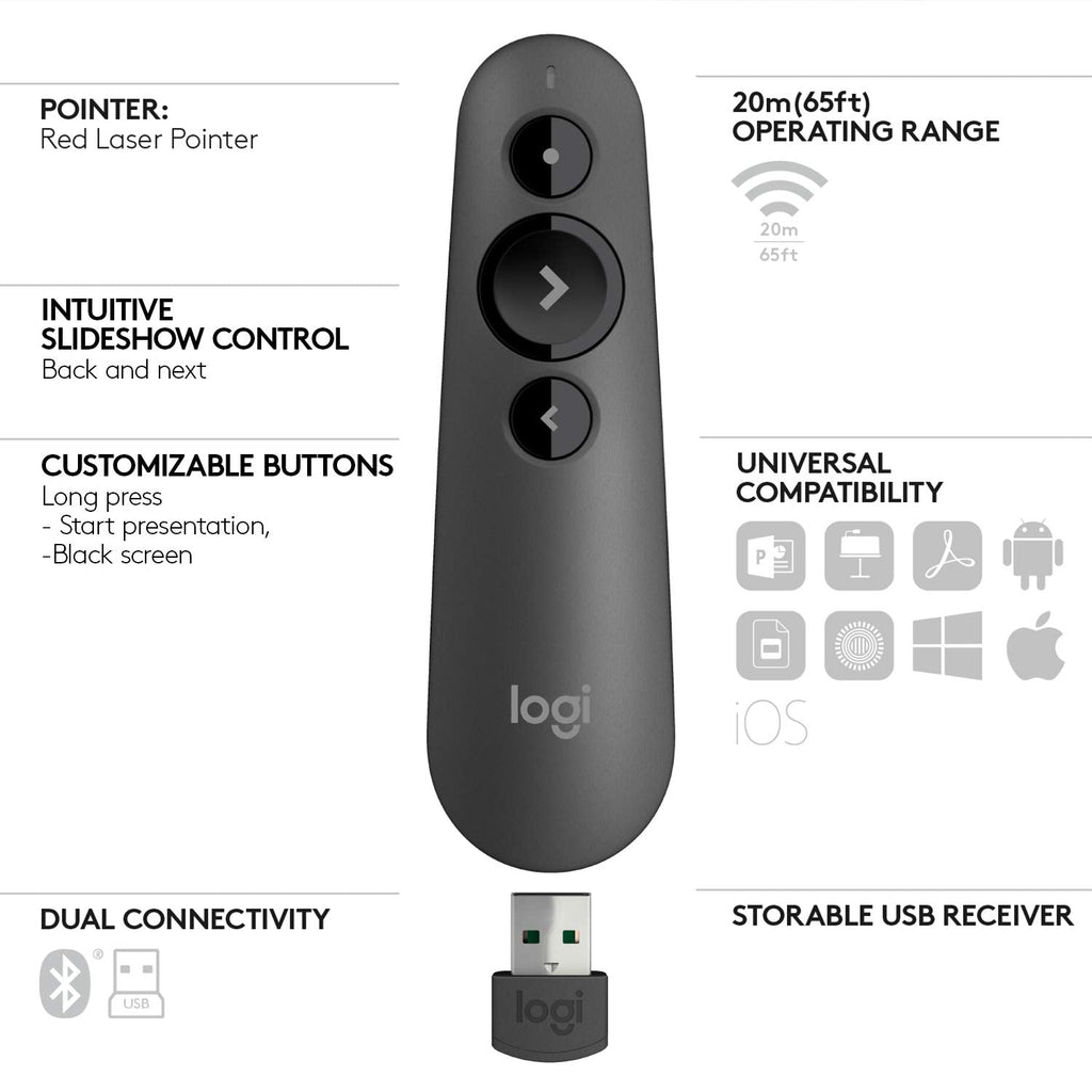Logitech R500s Wireless Laser Presentation Remote With Broad Compatibility - Graphite