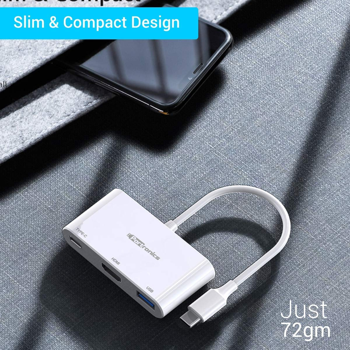Portronics C-Konnect 3-in-1 USB Type-C Adapter with 100W Power Delivery and 4K Support