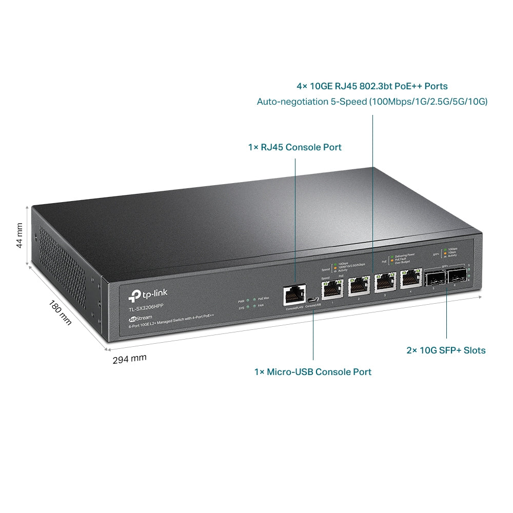TP-Link JetStream TL-SX3206HPP 6-Port 10GE L2+ Managed Switch with 4-Port PoE++