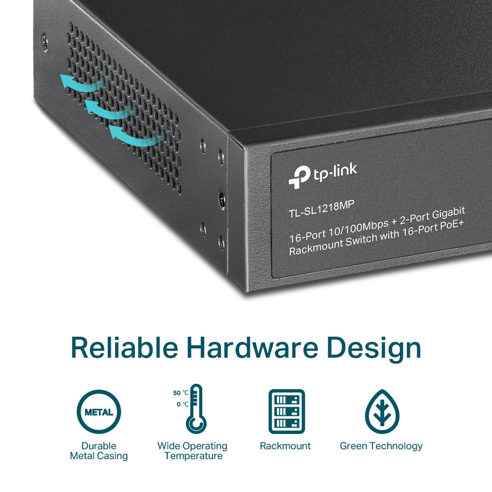TP-Link TL-SL1218MP 16 Port 10/100Mbps Fast Ethernet Gigabit Rackmount Switch with 2 SFP Slots