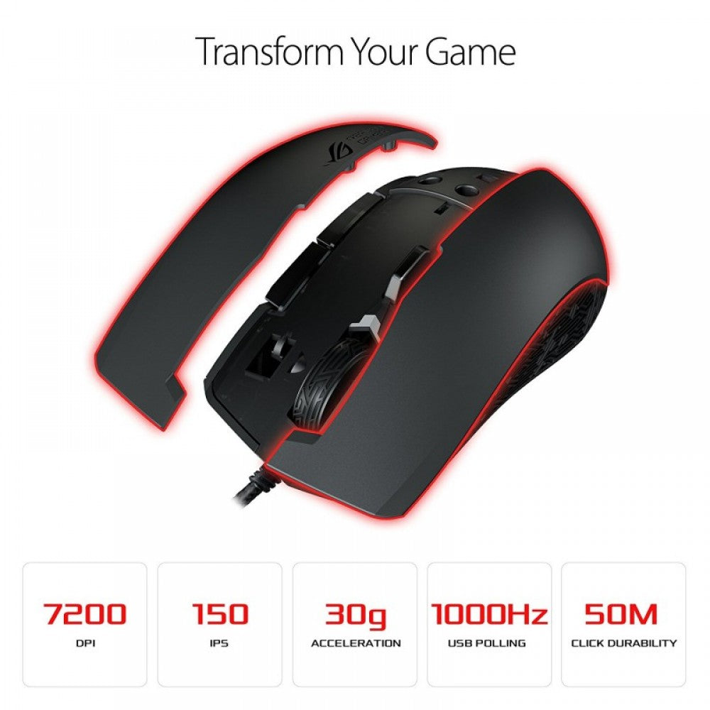 ASUS ROG Strix Evolve Optical Wired RGB Gaming Mouse with 7200 DPI and Changeble Cover