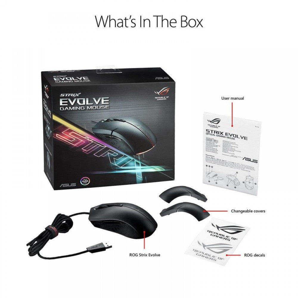 ASUS ROG Strix Evolve Optical Wired RGB Gaming Mouse with 7200 DPI and Changeble Cover